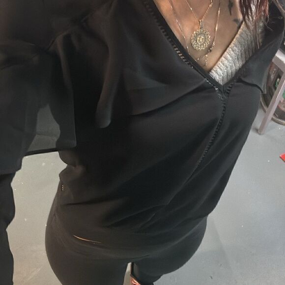 Black Sheer Marciano Bell Sleeve Ruffle Blouse - Picture 9 of 9